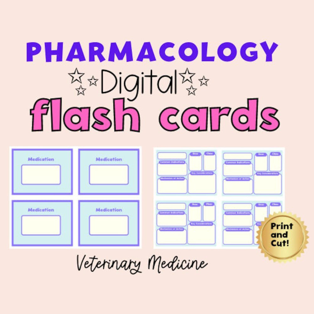 Digital drug card template veterinary pharmacology flash cards revision vet study aid vet tech medication flashcards digital vet