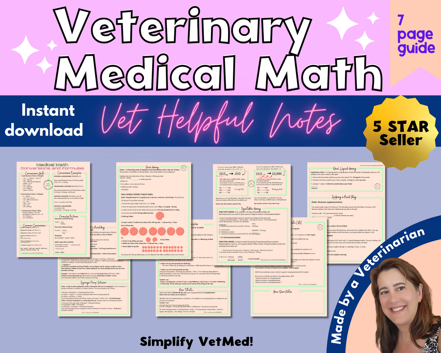 Best Selling Math Guide; vet notes for vet techs, vet students; Veterinary Calculations Cheat Sheets