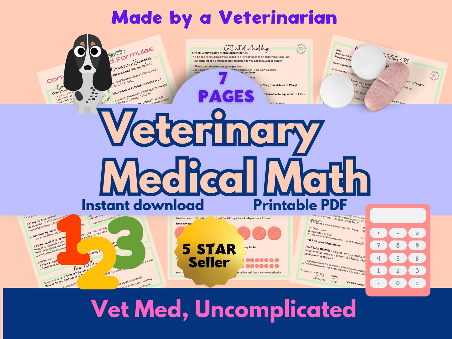 Best Selling Math Guide; vet notes for vet techs, vet students; Veterinary Calculations Cheat Sheets